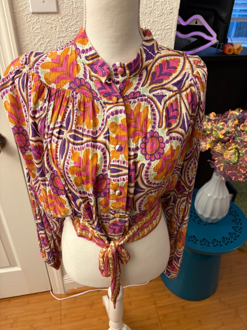 Haute Hippie Floral Tie-Front Blouse in Pink, Purple & Gold